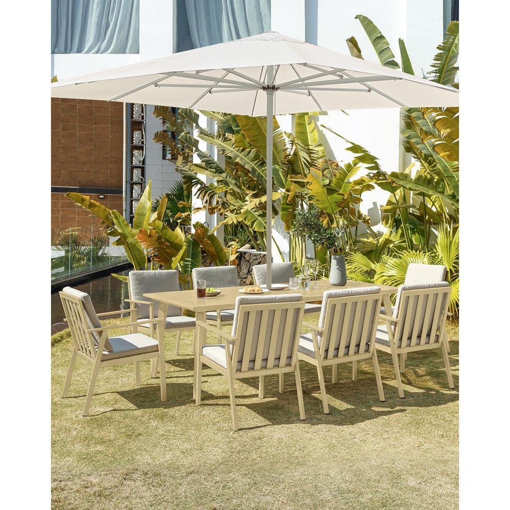 Light Brown Wood 9-Piece Aluminum Outdoor Dining Set with Rectangular Table and Beige Cushions