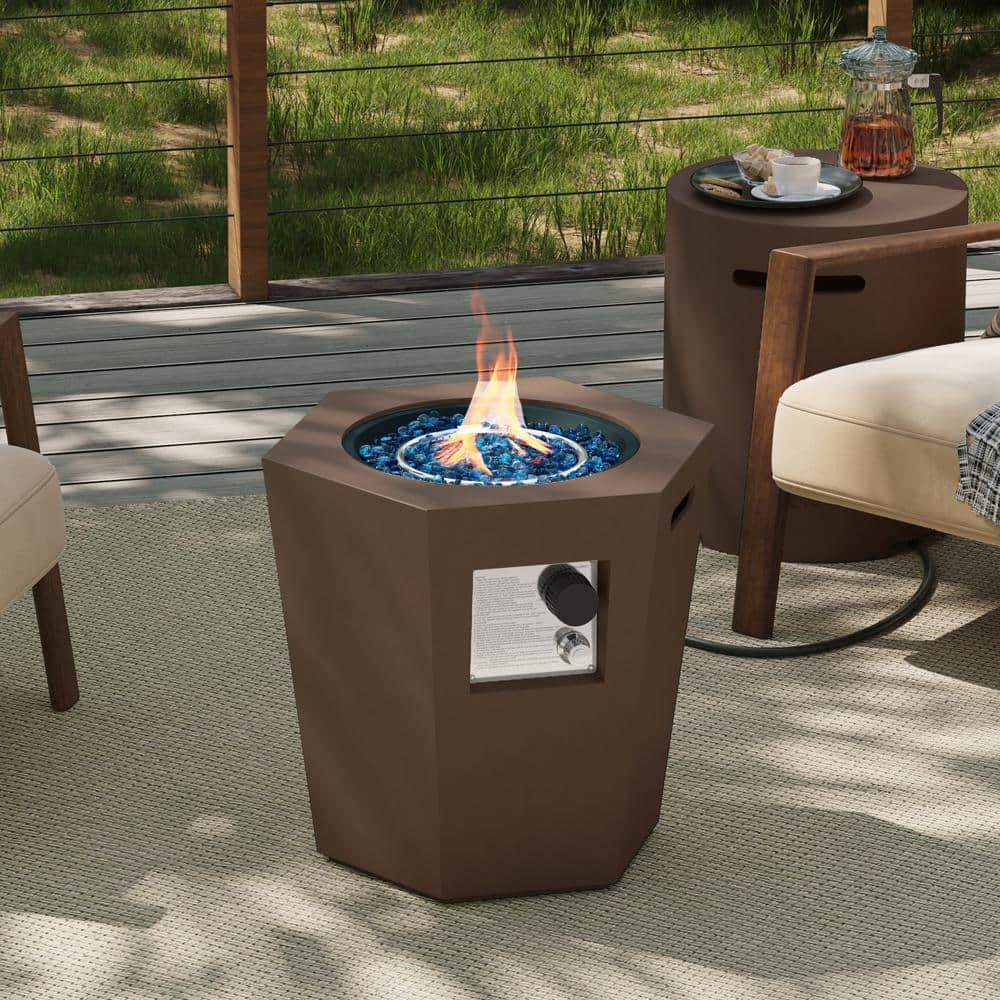 UPHA 24 in. x 22 in. 40000 BTU Hexagon Concrete Outdoor Propane Gas Fire Pit Table with Propane Tank Cover in Dark Brown