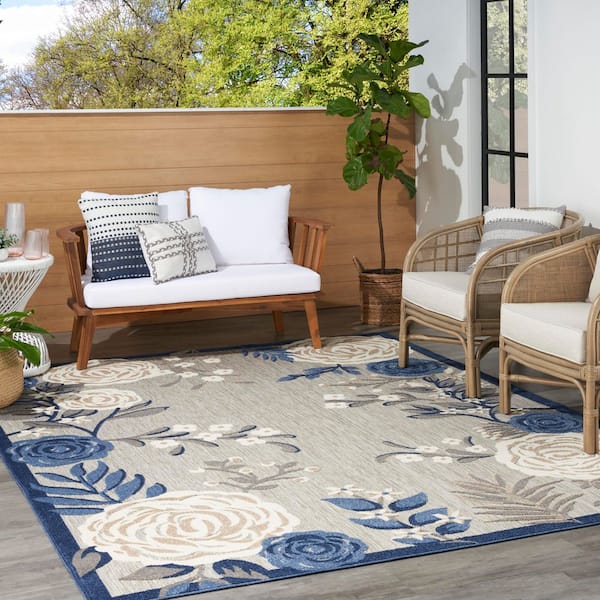 Aloha Blue/Grey 9 ft. x 12 ft. Botanical Contemporary Indoor/Outdoor Area Rug