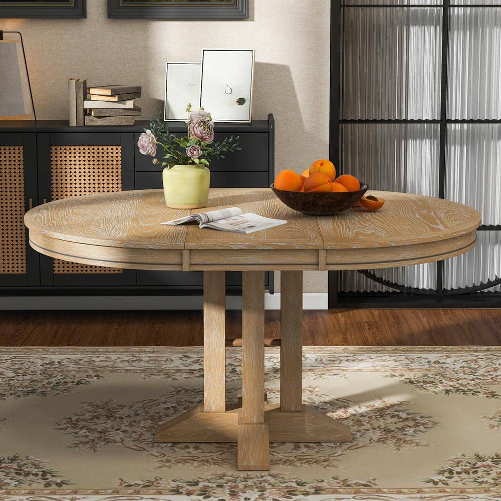 Harper Bright Designs Farmhouse Style Natural Wood Wash Wood Extendable 56 in. Pedestal Base Dining Table Seats 6 with 14 in. Leaf XW147AAE The Home Depot