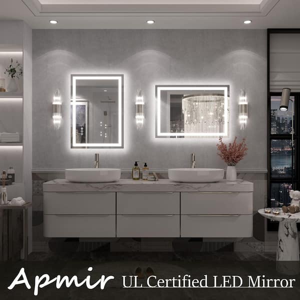 20 in. W x 28 in. H Rectangular Frameless Double LED Lights Anti-Fog Wall Bathroom Vanity Mirror in Tempered Glass