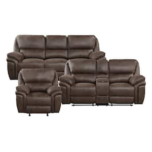 Arlo 90 in. W Pillow Top Arm Microfiber Rectangle 3-Piece Manual Reclining Sofa Set in Brown