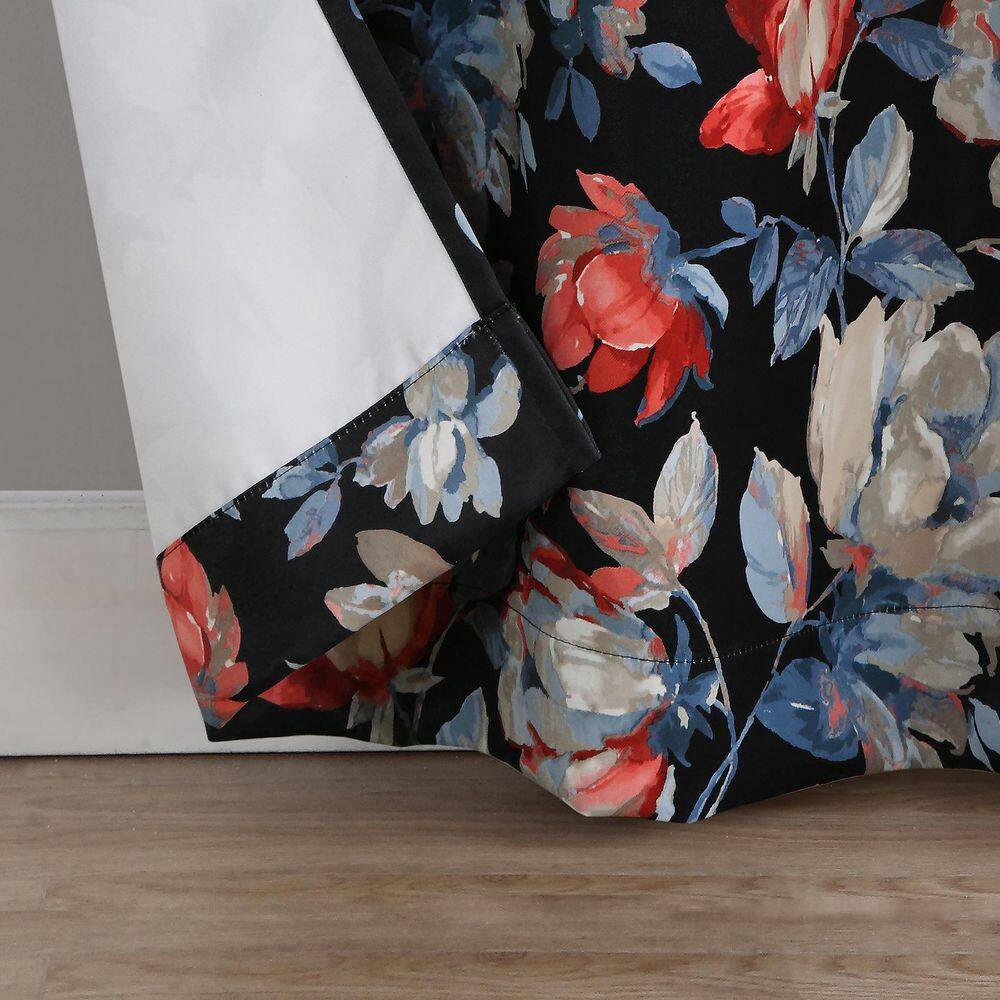 Black Floral Polyester Blackout Grommet Curtain Panel, 40" x 63"