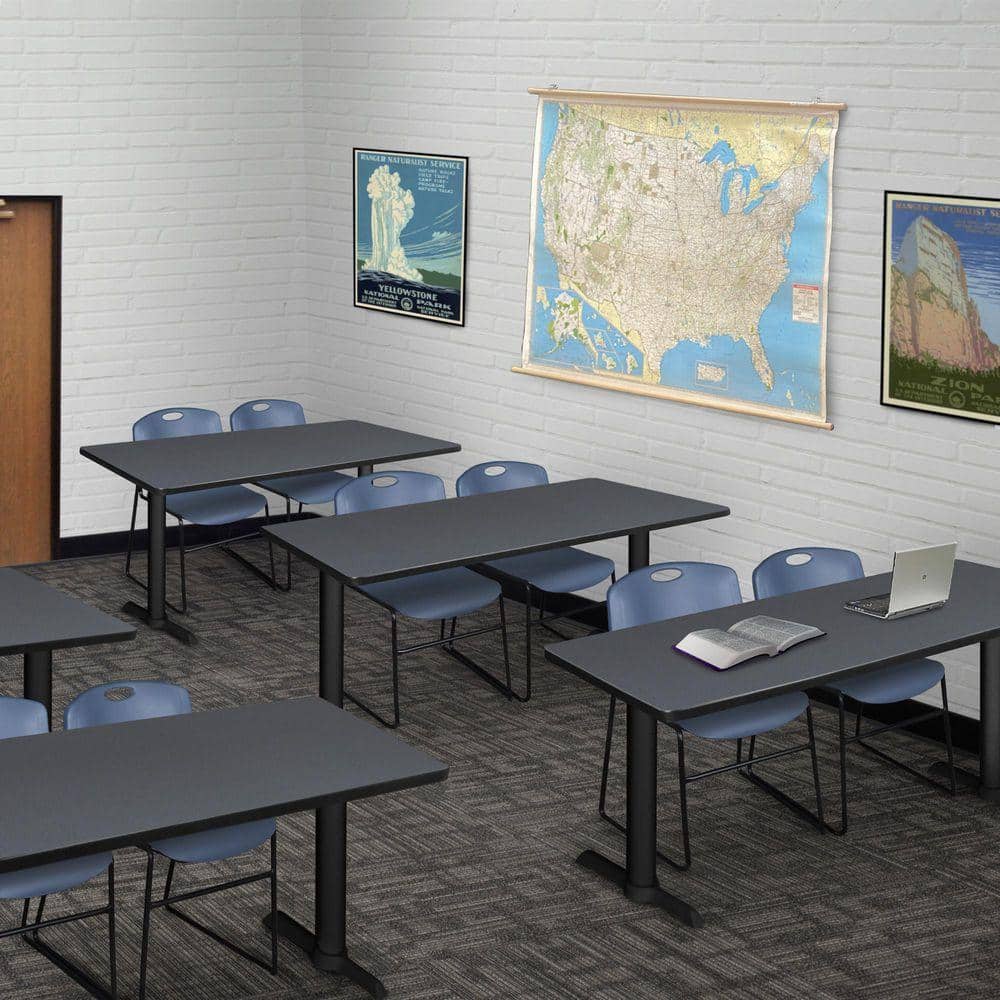 Cain 48 in. x 24 in. Grey T-Base Training Seminar Table Desk and 2 Zeng Stack Chairs-Blue