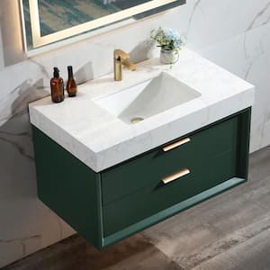 36 in. W x 20.7 in. D x 21.3 in. H Single Wall Hung Bath Vanity in Green Tone w/White Marble Countertop and Lights