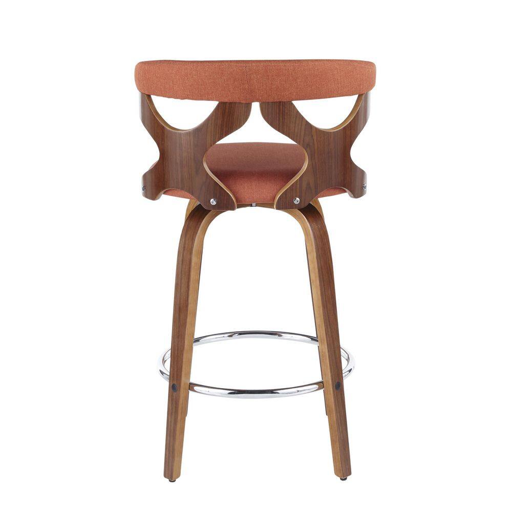 Walnut and Orange Swivel Counter Stool with Metal Frame