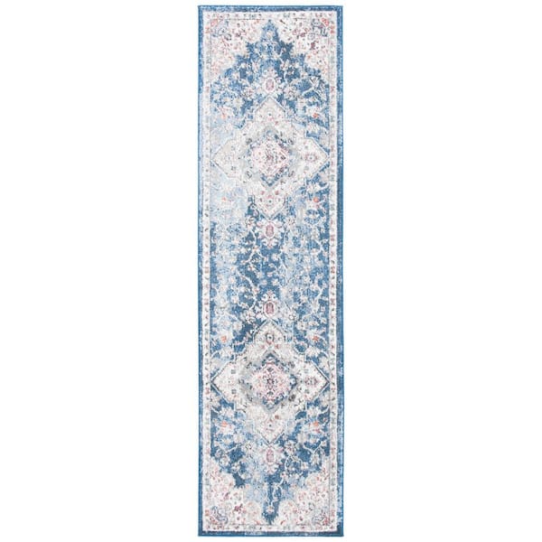 Phoenix 2 ft. x 8 ft. Ivory/Blue Distressed Medallion Floral Runner Rug