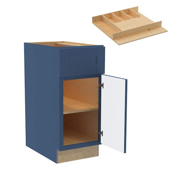 Home Decorators Collection Washington 15 in. W x 24 in. D x 34.5 in. H Vessel Blue Plywood Shaker Assembled Base Kitchen Cabinet Right Cutlery Tray