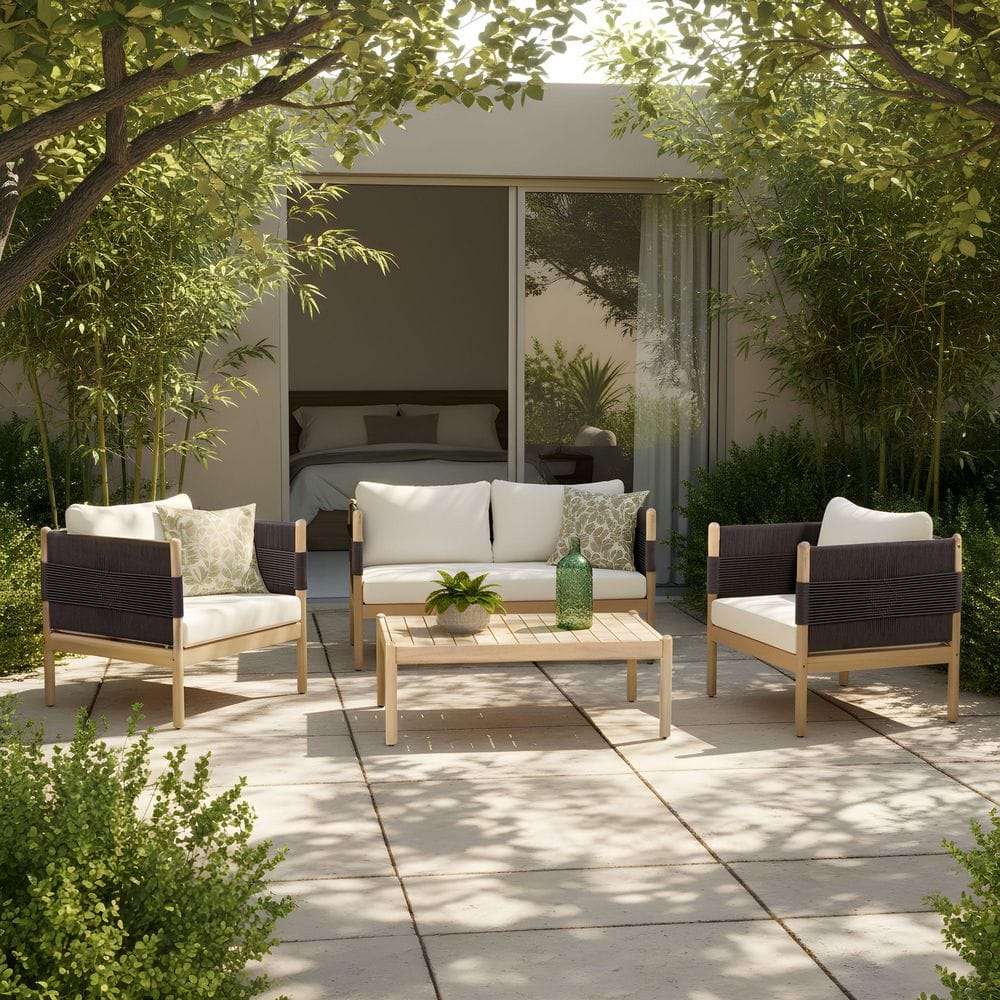 Zelene 4-Piece Acacia Wood Patio Conversation Set with Cream Cushions, Light Teak Coffee Table