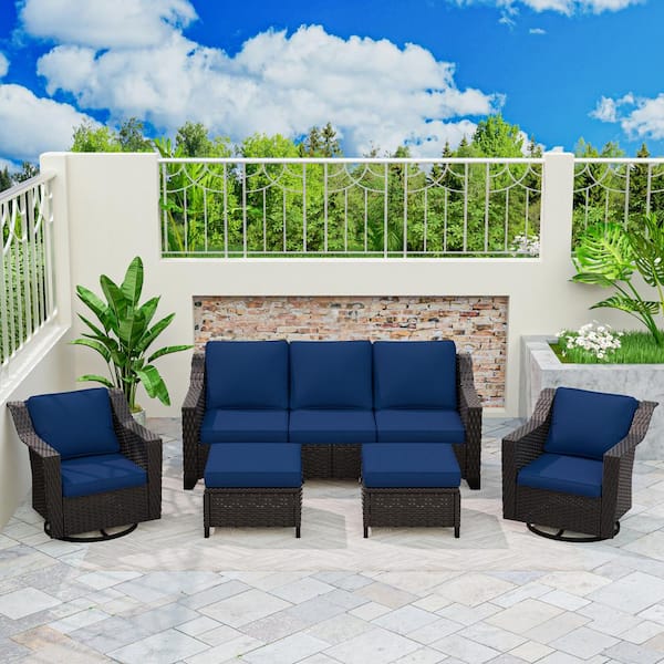 MeetLeisure 5-Piece Rattan Wicker Patio Conversation Set Sectional Outdoor Chairs with Blue Cushions and Ottomans