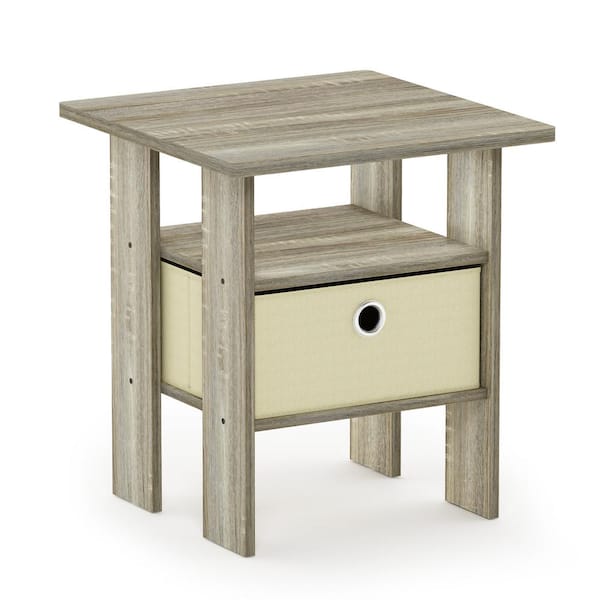 Furinno Andrey 15.5 in. Oak/Ivory Square Wood End Table Nightstand with Bin Drawer