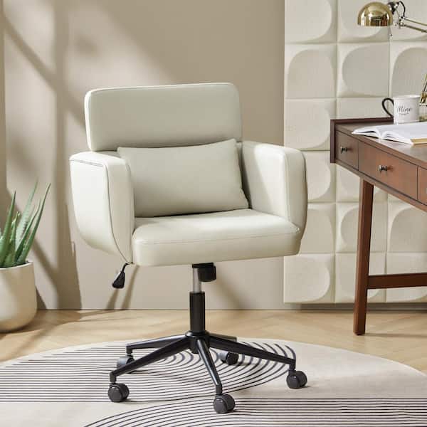 Roxanne Ivory 25.5 in. Mid-Century Modern Faux Leather Swivel and Tilt Office Chair with Adjustable Backrest Height