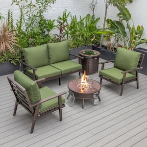 Walbrooke Brown 5-Piece Aluminum Round Patio Fire Pit Set with Green Cushions, Slats Design and Tank Holder