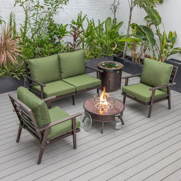 Leisuremod Walbrooke Brown 5-Piece Aluminum Round Patio Fire Pit Set with Green Cushions, Slats Design and Tank Holder
