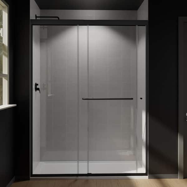 WELLFOR 54 in. W x 70 in. H Sliding Framed Shower Door in Matte Black with Clear Glass
