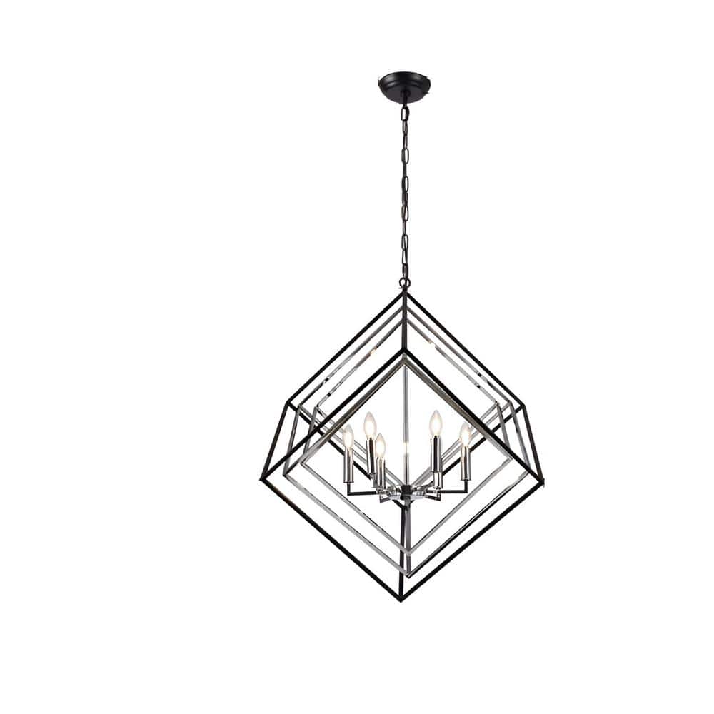 Marshallton 6-Light Large Chrome/Black Geometric Cube Chandelier with Candl