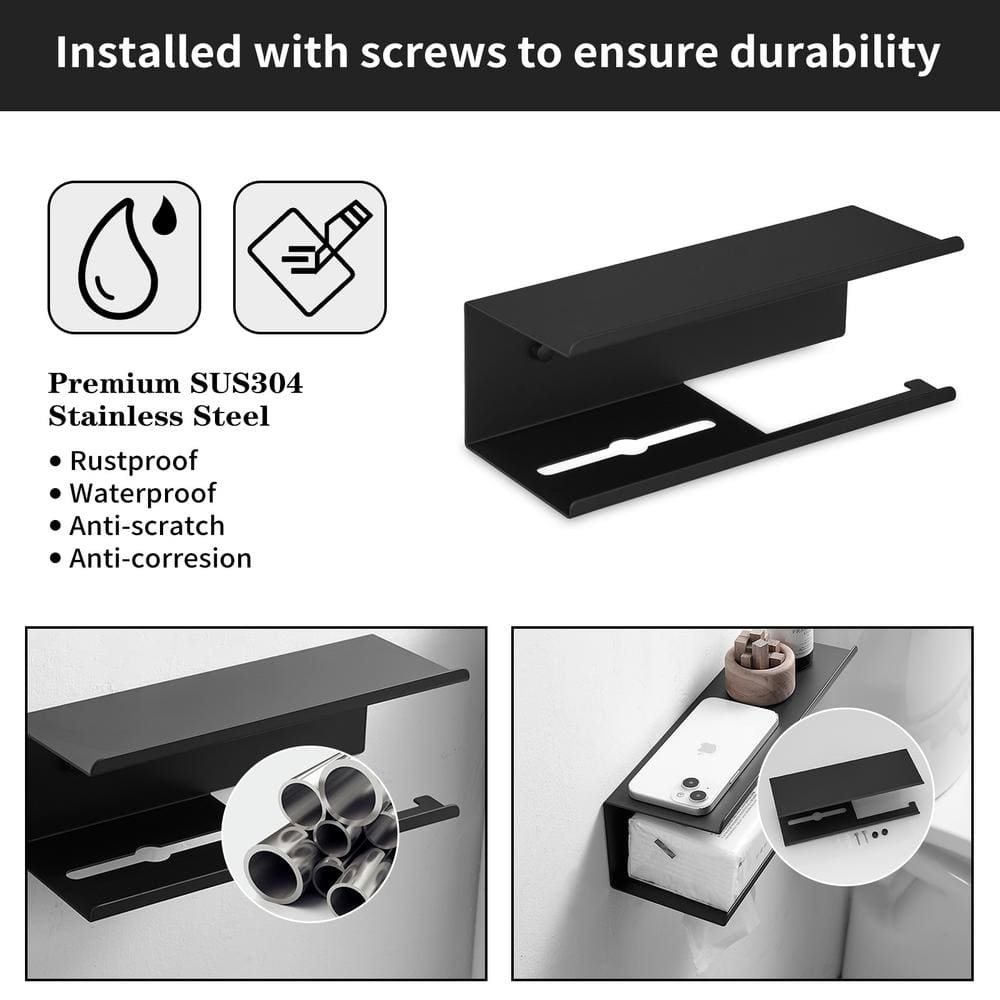 Matte Black Stainless Steel Wall Mounted Toilet Paper Holder with Shelf