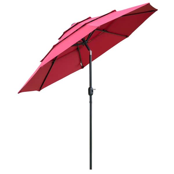 Outsunny 9 ft. 3-Tiers Patio Umbrella Market Outdoor Umbrella in Wine Red with Crank, Push Button Tilt