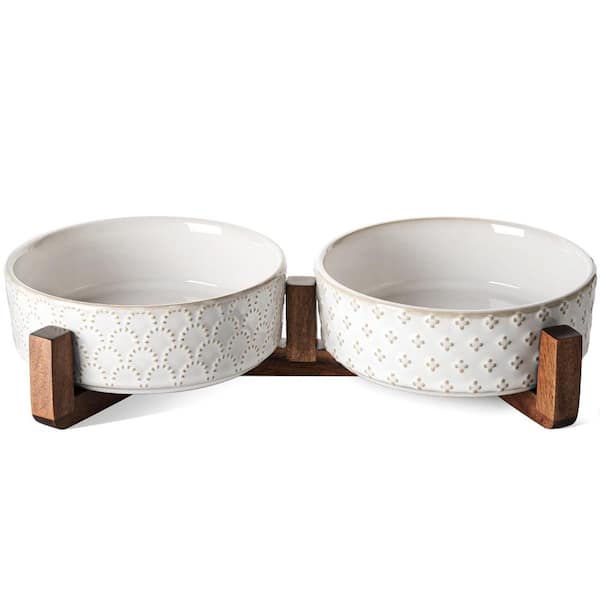 Unbranded Dual Ceramic Dog Bowls with Acacia Wood Stand 1.5-Cup Capacity Non-Slip Base for Small Dogs and Cats