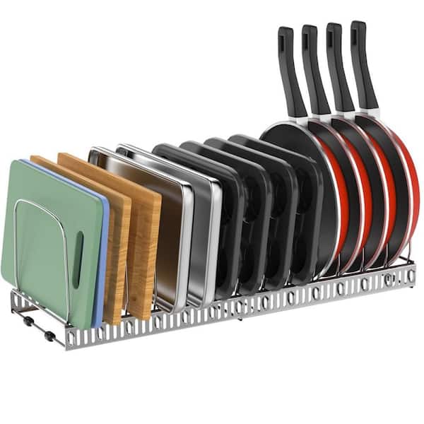 Silver Cutting Board Organizer Rack, Expandable Baking Tray and Cookie Sheet Organizer with 14 Adjustable Dividers