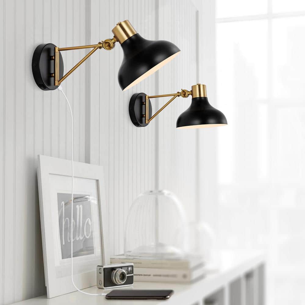 Lynn 15" Black and Brass Gold Iron Swing Arm Wall Sconce