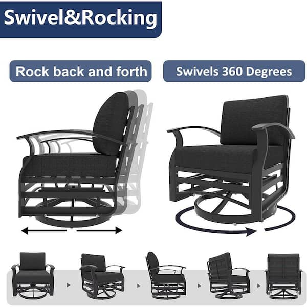 5-Seat Aluminum Patio Conversation Set with armrest, Firepit Table, Swivel Rocking Chairs and Black Cushions
