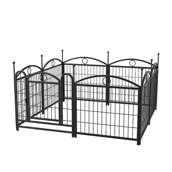 24 in. H 8-Panel Black Metal Heavy Duty Portable Garden Fence Pet Fence with Door
