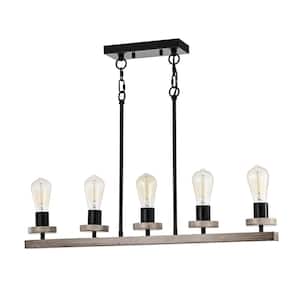 Funa 30 in. 5-light Indoor Matte Black and Faux Wood Grain Finish Chandelier with light Kit
