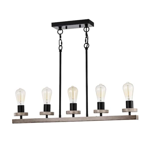 Warehouse of Tiffany Funa 30 in. 5-light Indoor Matte Black and Faux Wood Grain Finish Chandelier with light Kit