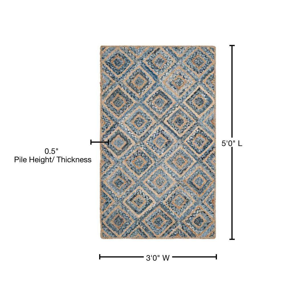 Natural and Blue Geometric Handmade Jute Area Rug
