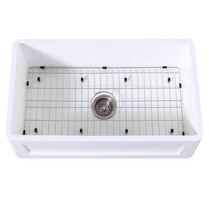 Arcticstone Solid Surface 33 in. Single Bowl Farmhouse Apron Kitchen Sink with Strainer and Grid in Matte White