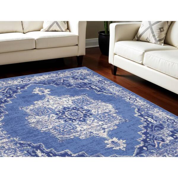 7 ft. x 10 ft. Blue and Beige Floral Medallion Distressed Non Skid Area Rug