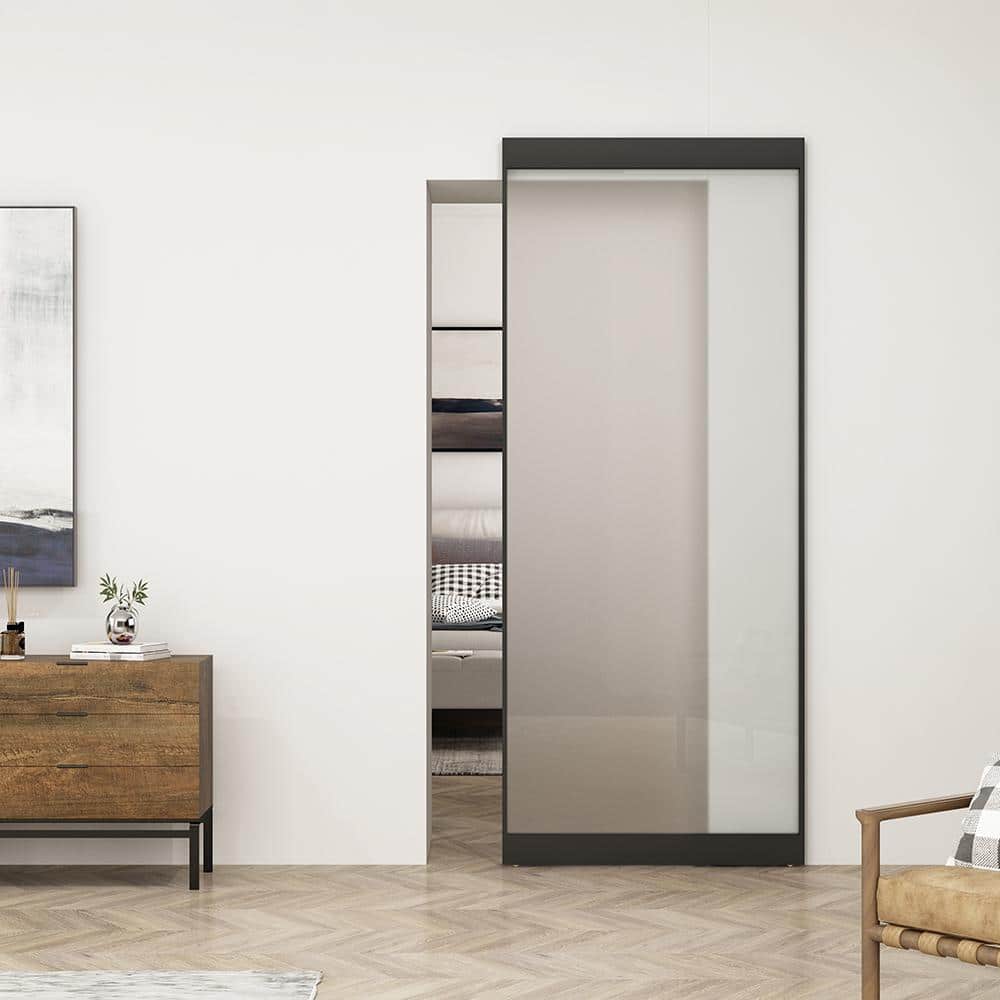 40 in. x 84 in. Frosted Glass Steel Frame Sliding Barn Door Kit
