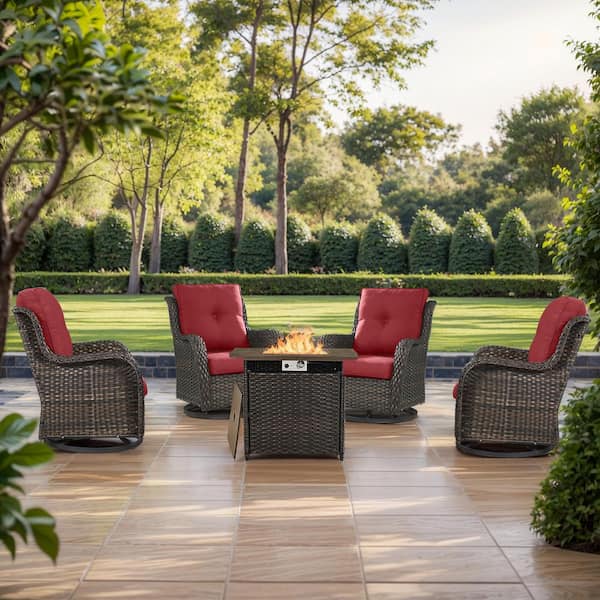 moosprr Brown 5-Piece Wicker Outdoor Dining Set with Olefin Red Cushions Fire Pit Sets with Swivel Gliders for Patio