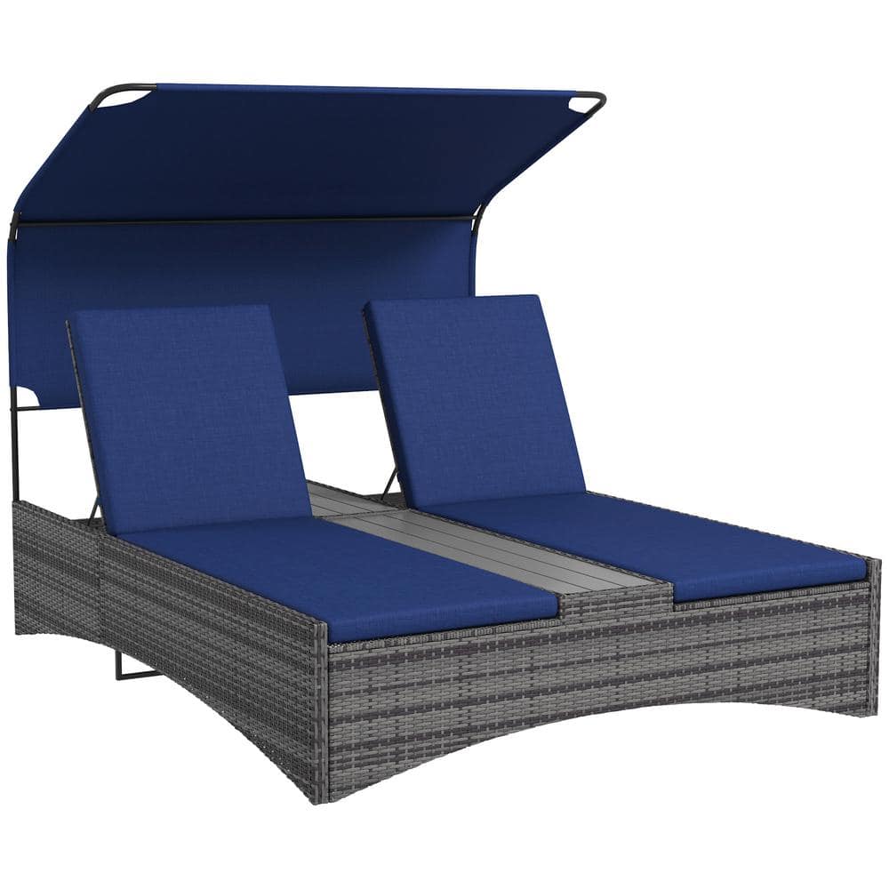 Dark Blue 1-Piece Metal PE Rattan Outdoor Double Chaise Lounge with Canopy,