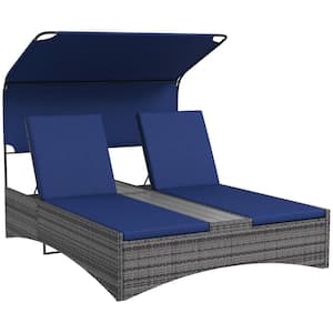 Dark Blue 1-Piece Metal PE Rattan Outdoor Double Chaise Lounge with Canopy, Adjustable 5-Position Reclining Daybed