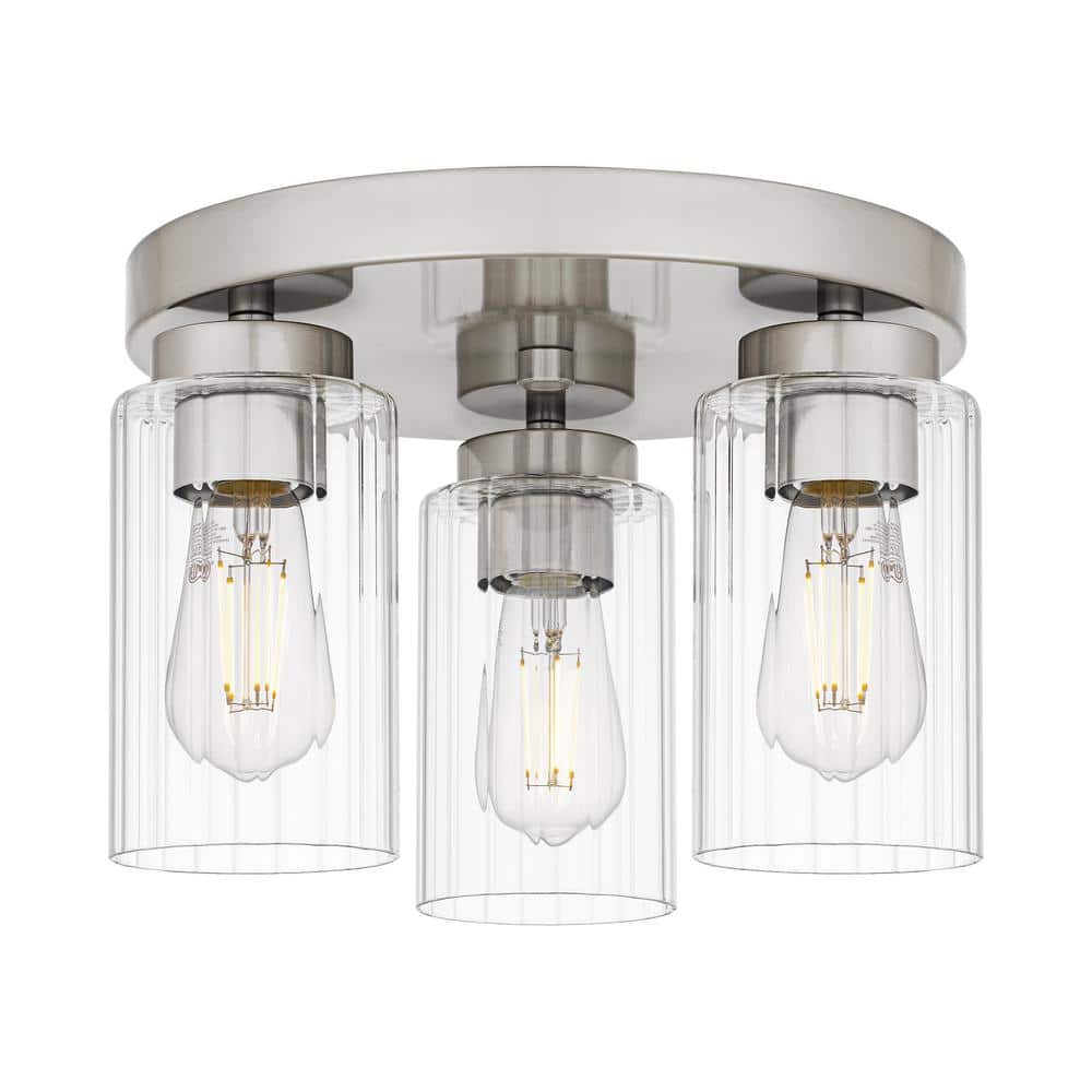 Delphi 13.25 in. 3-Light Brushed Nickel Contemporary Flush Mount with Clear