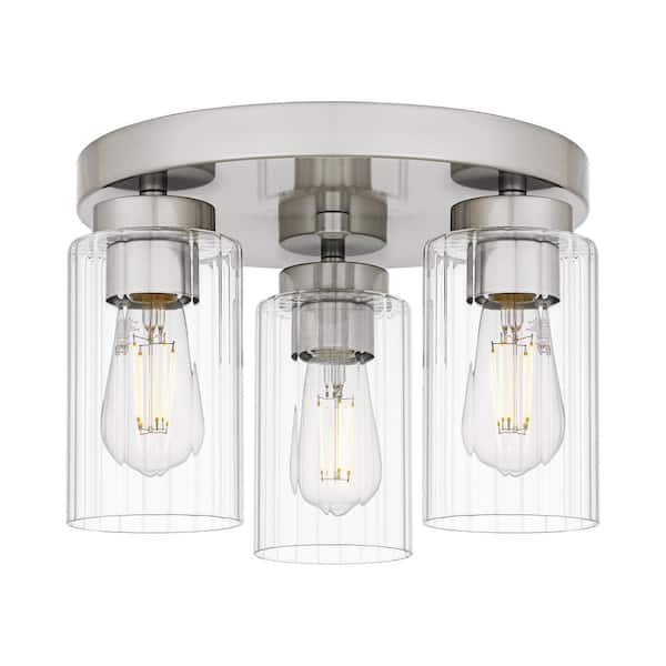 Delphi 13.25 in. 3-Light Brushed Nickel Contemporary Flush Mount with Clear Ribbed Glass Shades