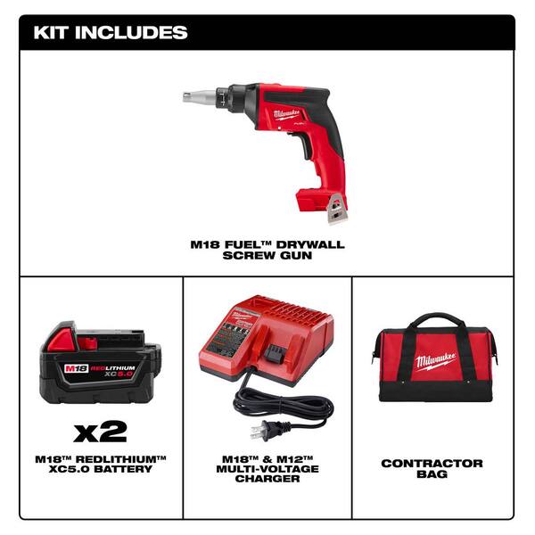 Milwaukee M18 FUEL 18V Lithium-Ion Brushless Cordless Drywall Screw Gun Kit  with (2) 5.0Ah Batteries, Charger and Tool Bag 2866-22