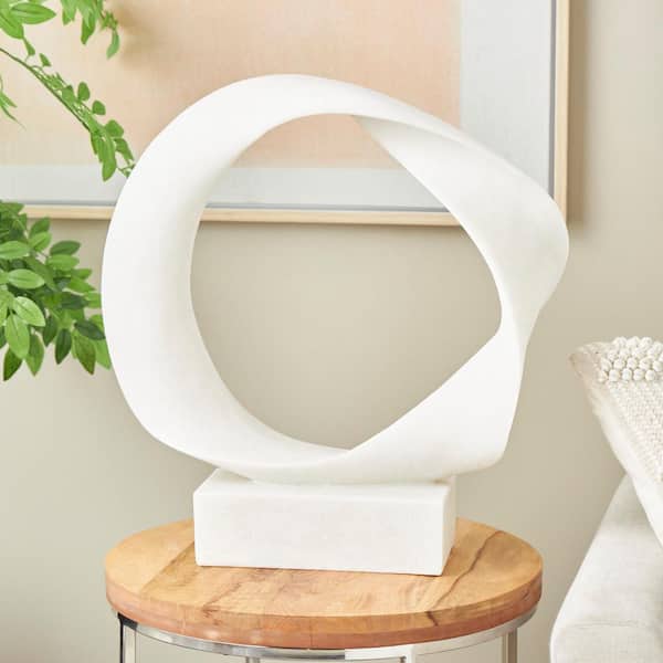 Litton Lane White Poly Stone Textured Open Wave Abstract Sculpture with Elevated Base