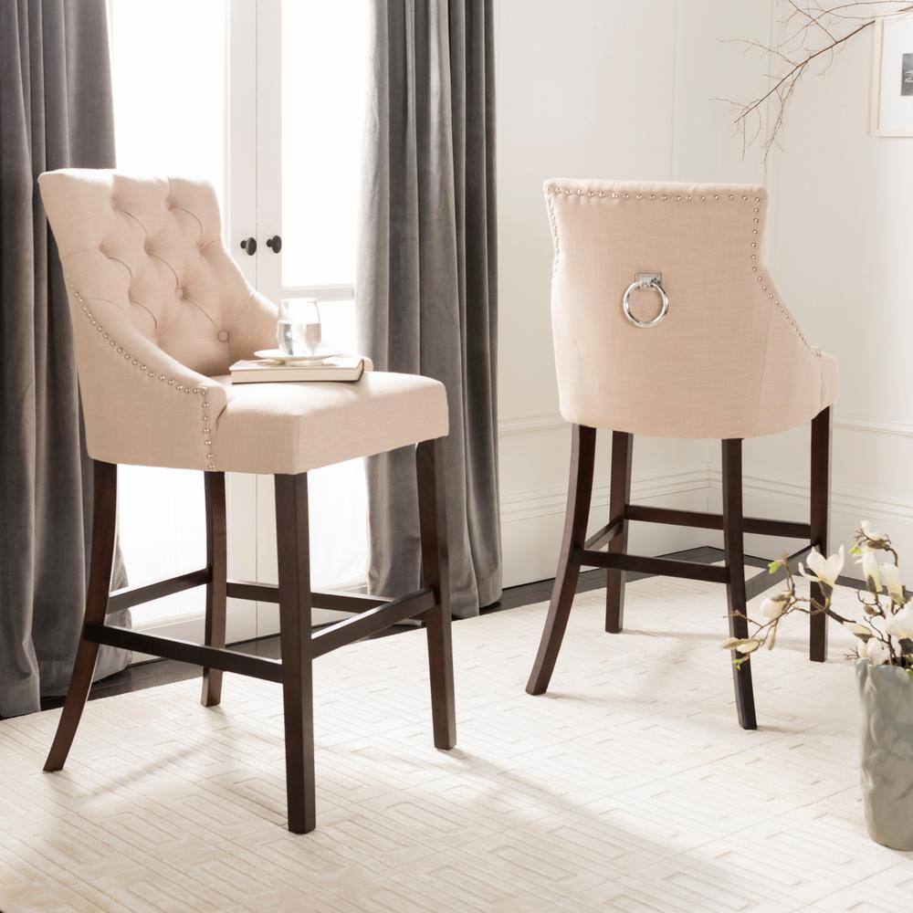 Eleni 45" Beige Linen and Metal Wingback Bar Stools, Set of 2