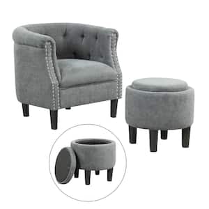 Modern Accent Chair Grey with Ottoman Armchair Barrel Sofa Chair with Footrest