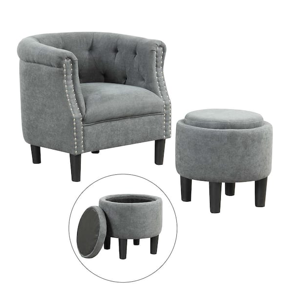 Costway Modern Accent Chair Grey with Ottoman Armchair Barrel Sofa Chair with Footrest