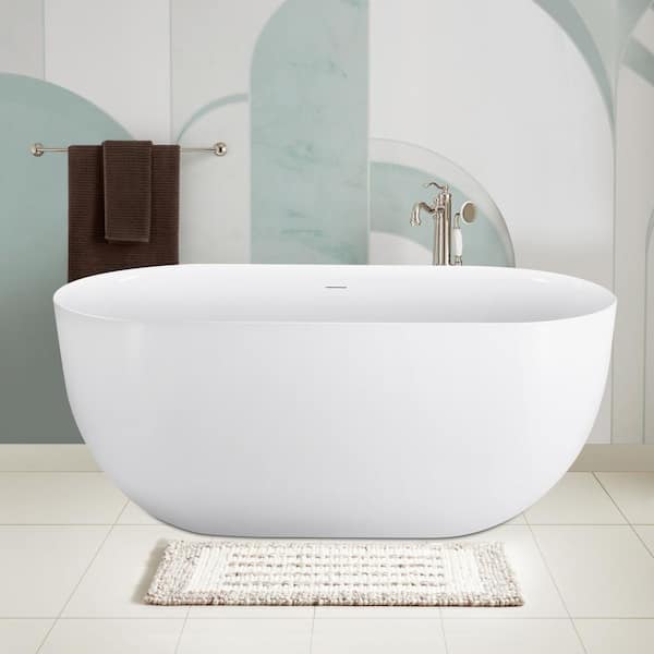 INSTER 67 in. Acrylic Oval Shaped Freestanding Flatbottom Soaking Non-Whirlpool Bathtub in White Included Center Drain