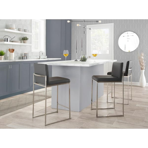 Fuji High Back 26 in. Grey Faux Leather and Stainless Steel Bar Stool (Set of 3)
