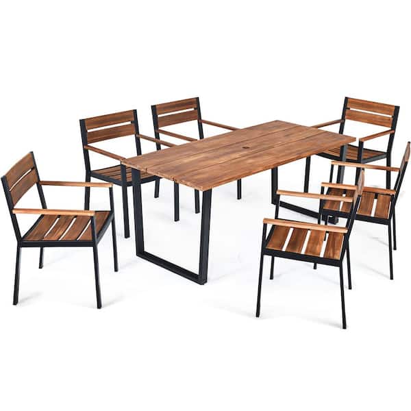ANGELES HOME 7-Piece Acacia Wood Patented Outdoor Patio Dining Table Set with Hole