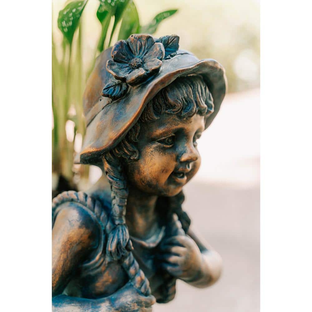24" Faux Bronze Magnesium Oxide Girl Garden Statue with Plant Pot