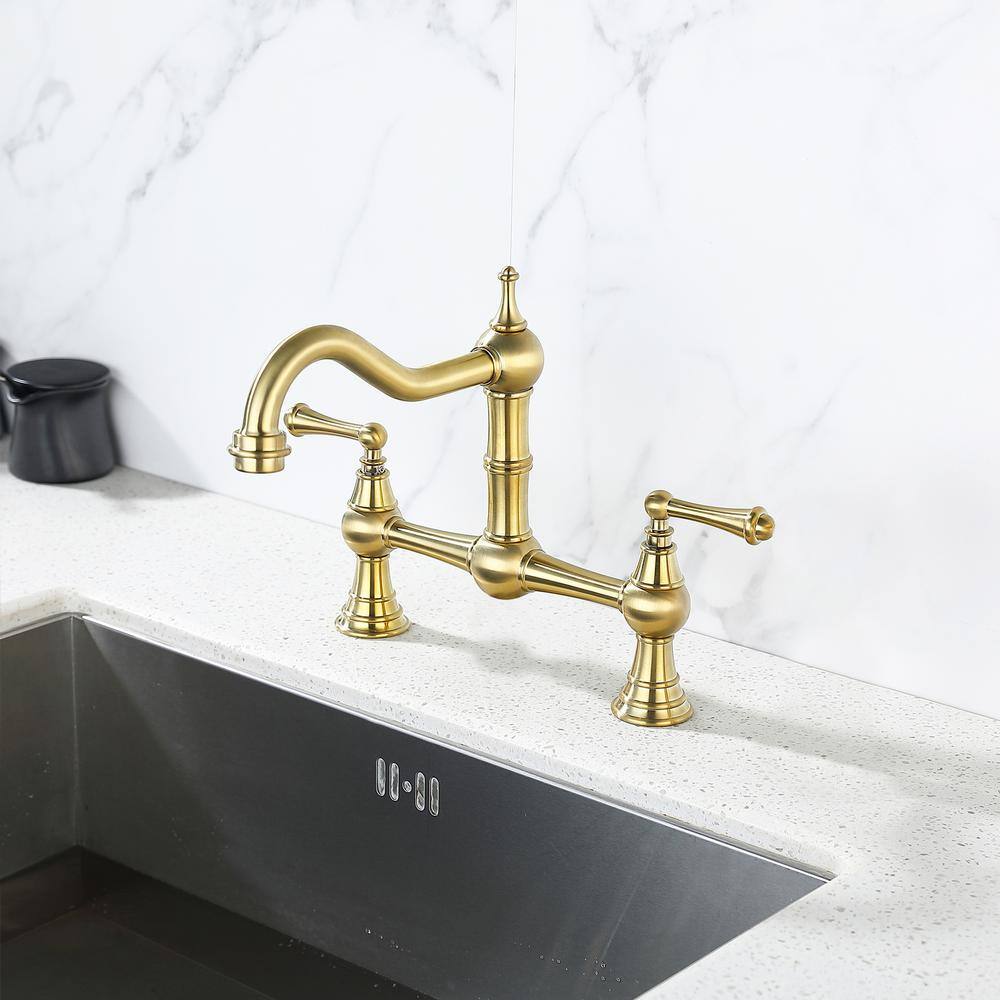 Brushed Gold Double Handle High-Arc Wall Mount Kitchen Faucet