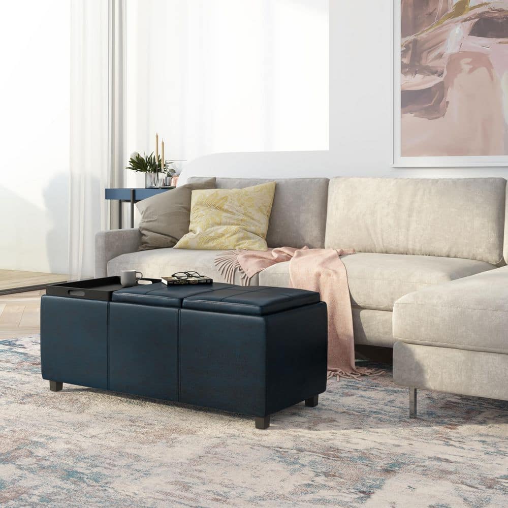 Avalon Distressed Dark Blue Faux Leather Storage Ottoman with Trays