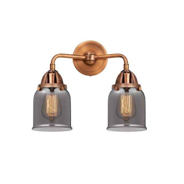 Bell 13 in. 2-Light Antique Copper Vanity Light with Black Glass Shade